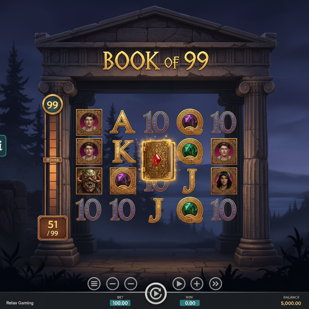 Book of 99 Slot – Antiker griechischer Tempel mit goldenem Buch, Wild-Symbol, männlicher Held und Zyklop in 5x3 Walzengitter