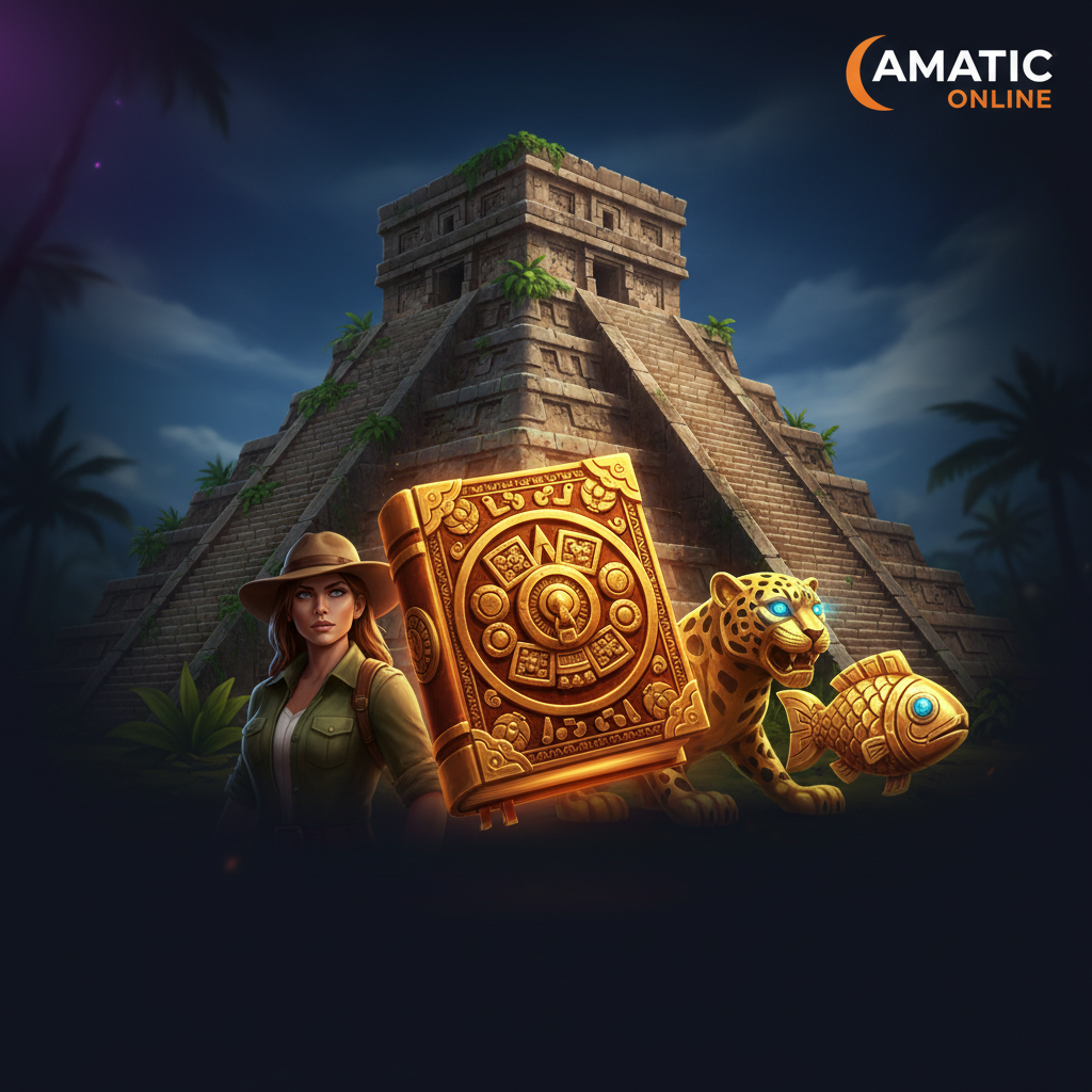 Book of Aztec Slot – aztekische Stufenpyramide mit goldenem Buch-Symbol, Explorer-Frau und goldenen Jaguar- und Fisch-Artefakten vor tropischem Dschungel