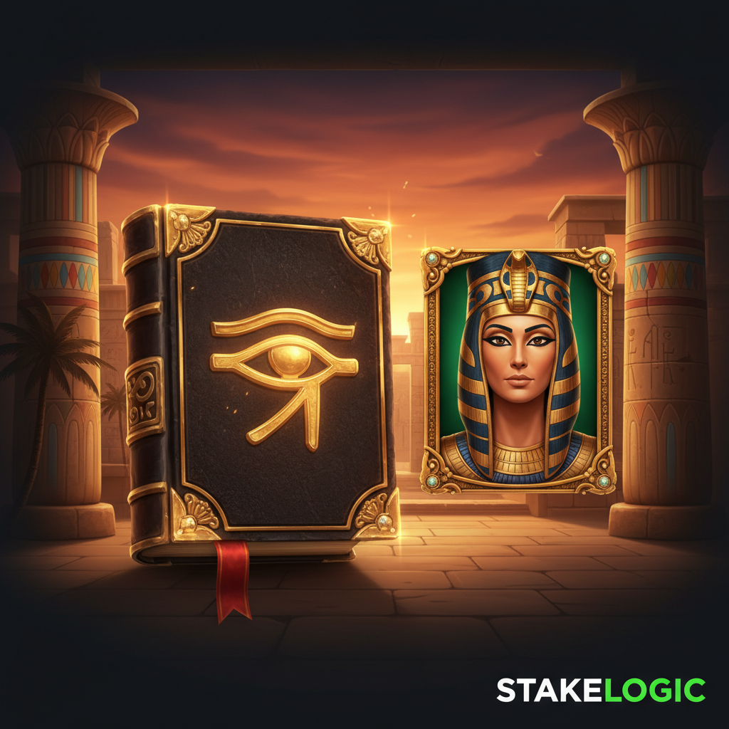 Book of Cleopatra Slot mit ägyptischem Tempel, goldenen Säulen, Cleopatra-Portrait und mystischem Buch mit Auge des Ra Symbol