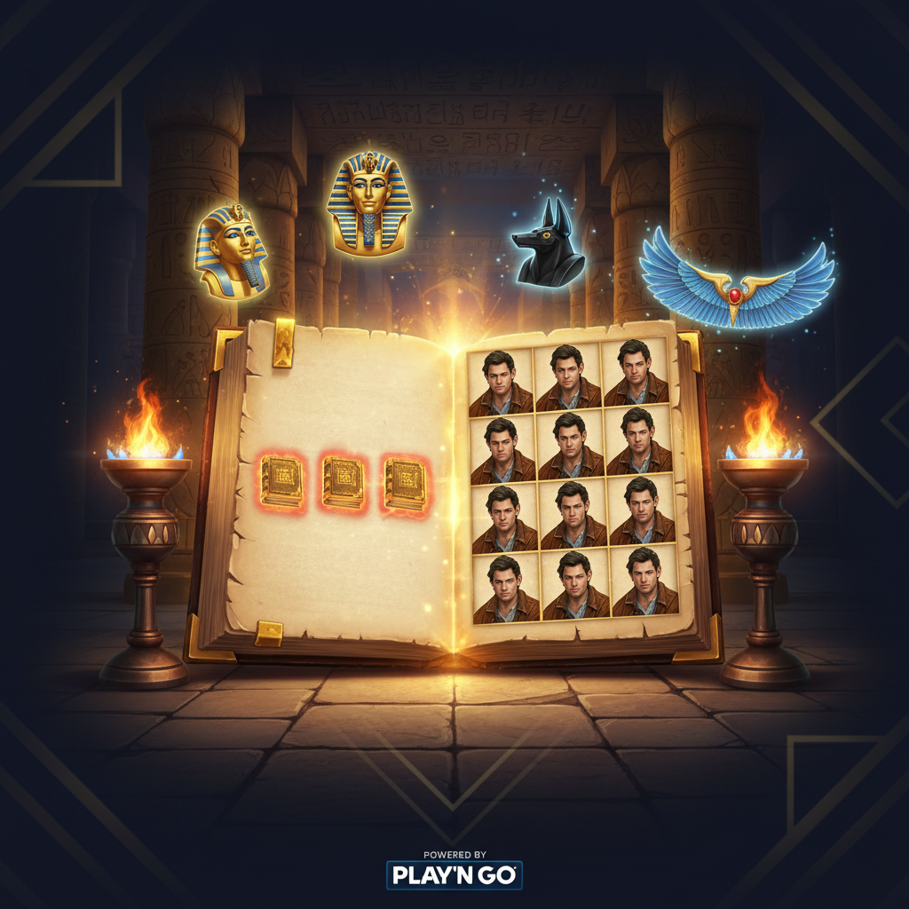 Rich Wilde and the Book of Dead Slot – antike ägyptische Grabkammer mit goldenem Buch des Todes, Pharaonen-Symbole, Anubis und Horus Gottheiten, mystische Hieroglyphen