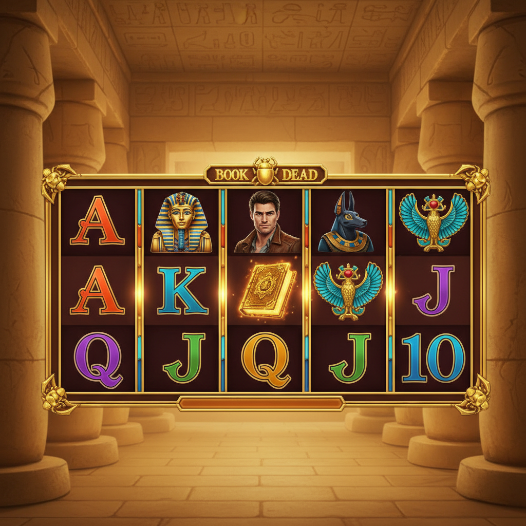 Rich Wilde and the Book of Dead slot showing 5x3 reel grid with ancient Egyptian symbols including Rich Wilde explorer, golden pharaoh, Anubis jackal god, blue Horus falcon deity, and ornate card symbols A K Q J 10 in golden temple frame