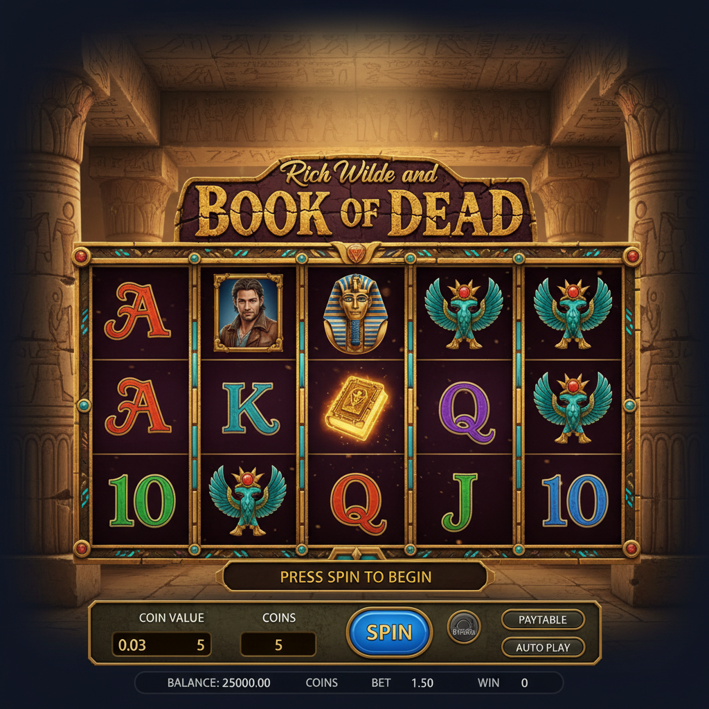 Rich Wilde and the Book of Dead – Ägyptischer Tempel mit goldenem Buch, Pharao und Anubis Symbolen auf 5x3 Walzen