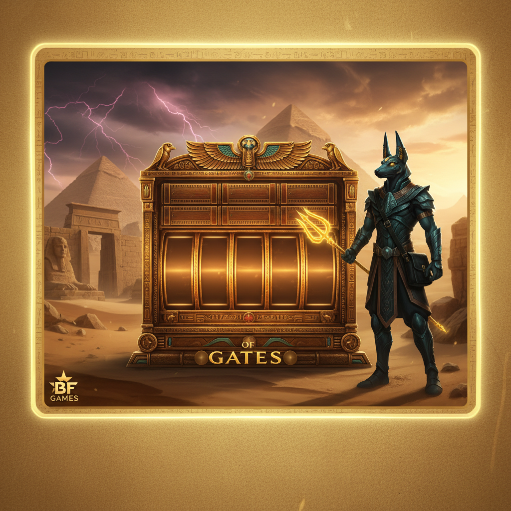 Book of Gates Slot mit ägyptischen Göttern Anubis, Pyramiden, goldenen Walzen und Ankh-Symbol in dramatischer Wüstenlandschaft