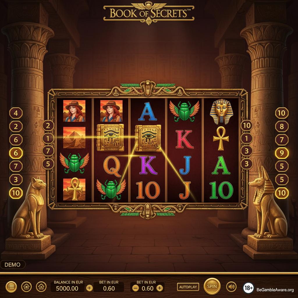 Book of Secrets Slot mit ägyptischem Tempel, 5 Walzen, 3 Reihen, goldenes Buch mit Auge des Horus, Forscher-Symbole und Pharaonen-Maske