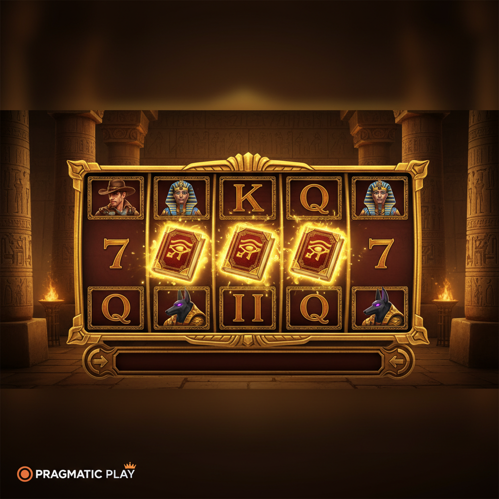 Book of the Fallen Slot – Ägyptischer Tempel mit goldenem Reel-Rahmen, Explorer mit Cowboyhut, leuchtende Book-Scatter-Symbole mit Auge des Ra, Anubis und Pharao-Symbolen